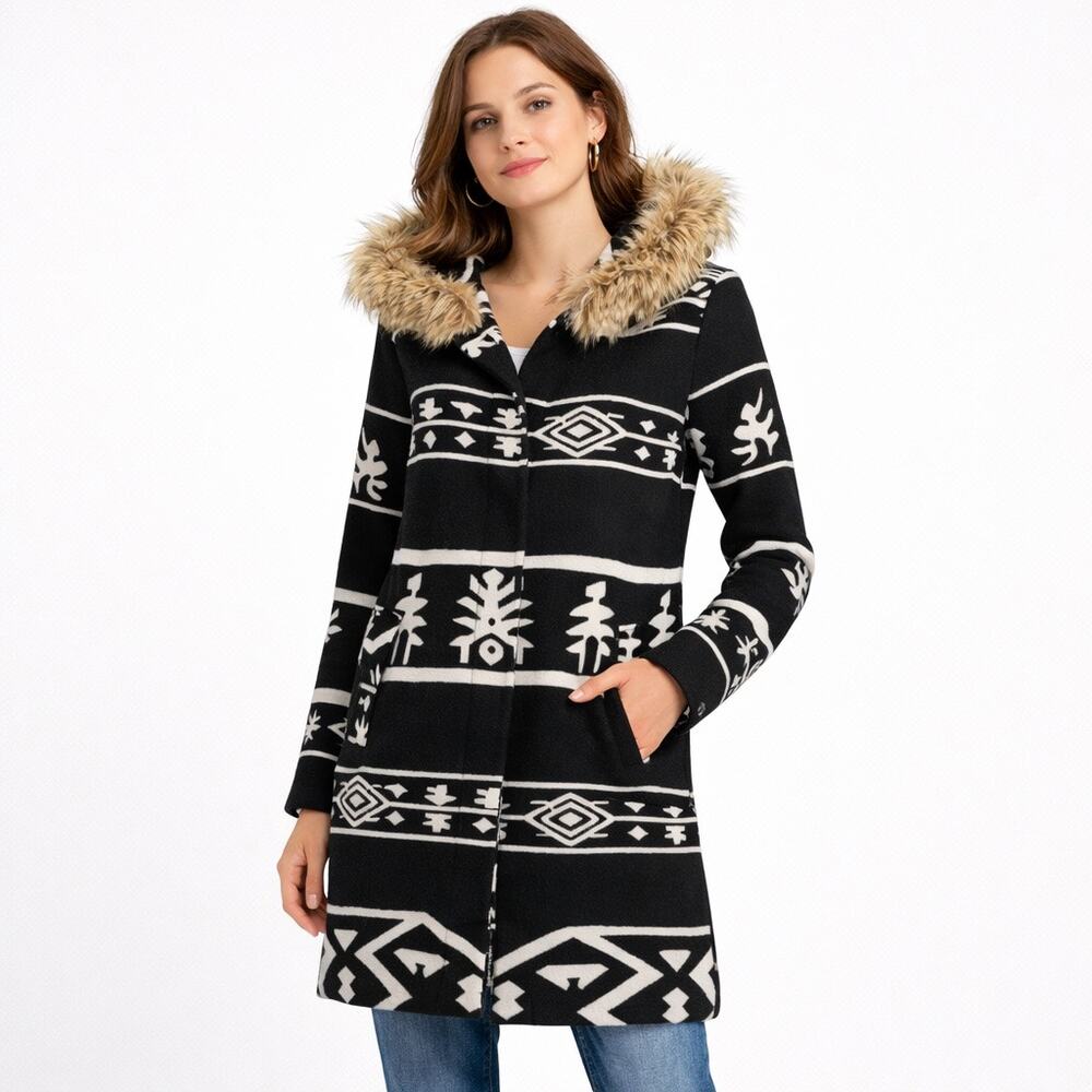 BB Dakota Black White Southwestern Azrec Hooded Coat Faux Fur Trim Longline XS